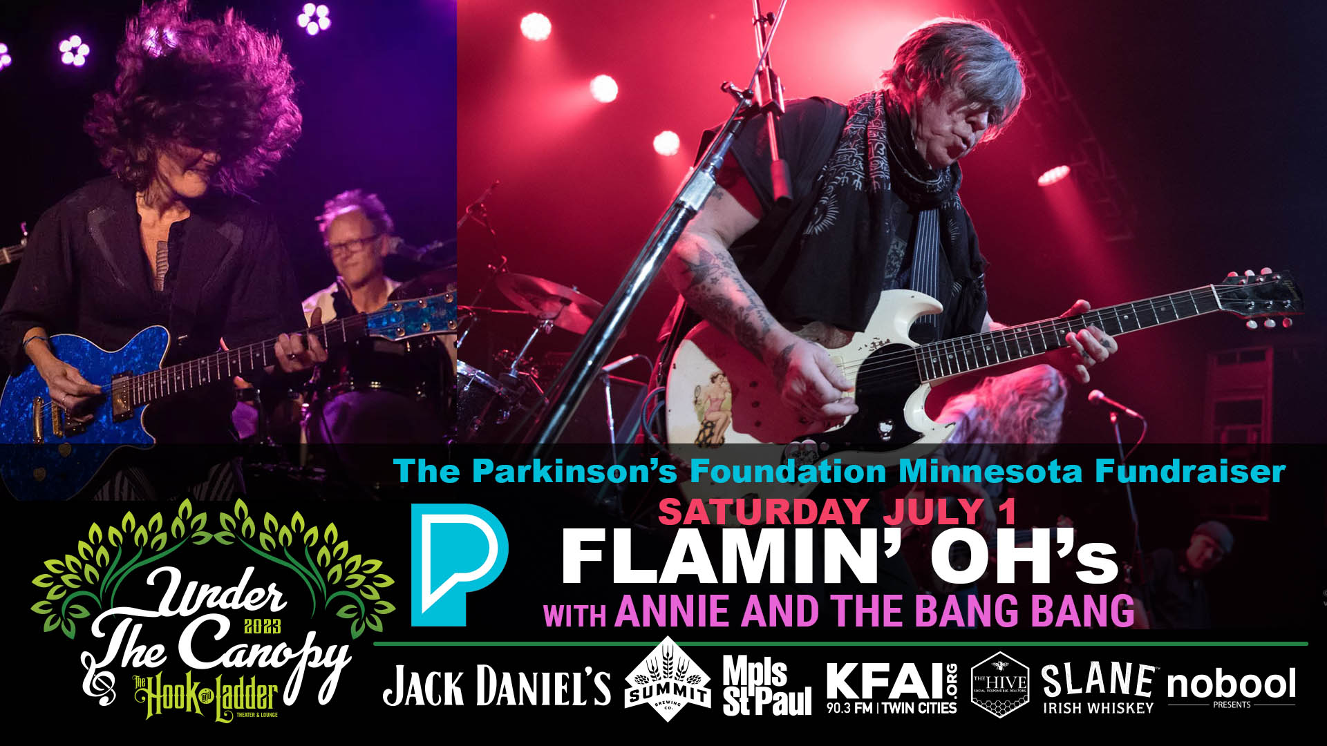 The Flamin’ Oh’s with Annie And The Bang Bang The Parkinson’s Foundation Minnesota Fundraiser Saturday, July 1 Under The Canopy at The Hook and Ladder Theater "An Urban Outdoor Summer Concert Series" Doors 6:00pm :: Music 7:00pm :: 21+ GA: $30 ADV / $40 DOS