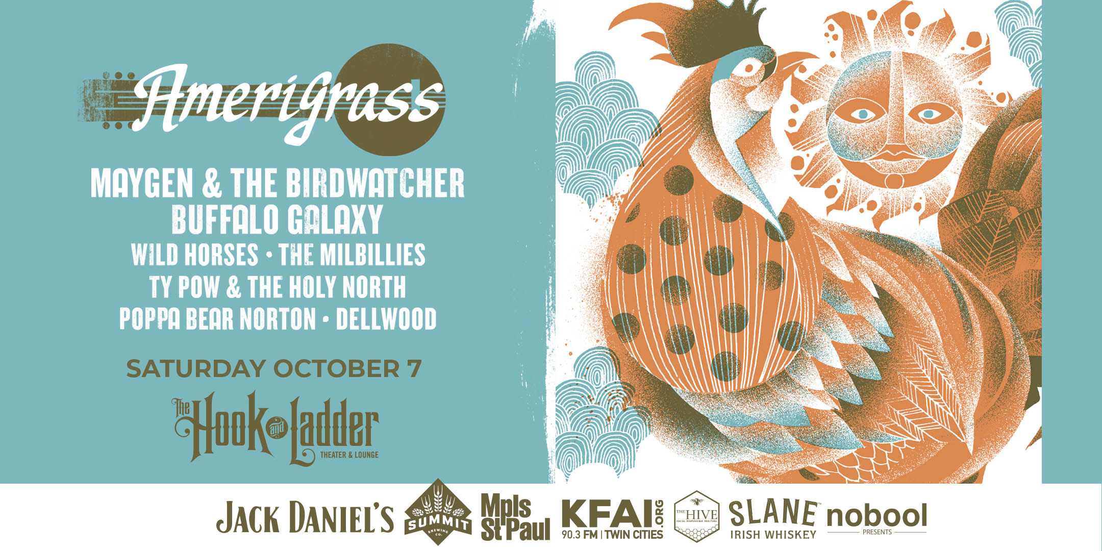 Amerigrass featuring Maygen & The Birdwatcher, Buffalo Galaxy, The MilBillies, Wild Horses, Ty Pow & The Holy North, Pappa Bear Norton, & Dellwood Saturday, October 7 Under The Canopy at The Hook and Ladder Theater