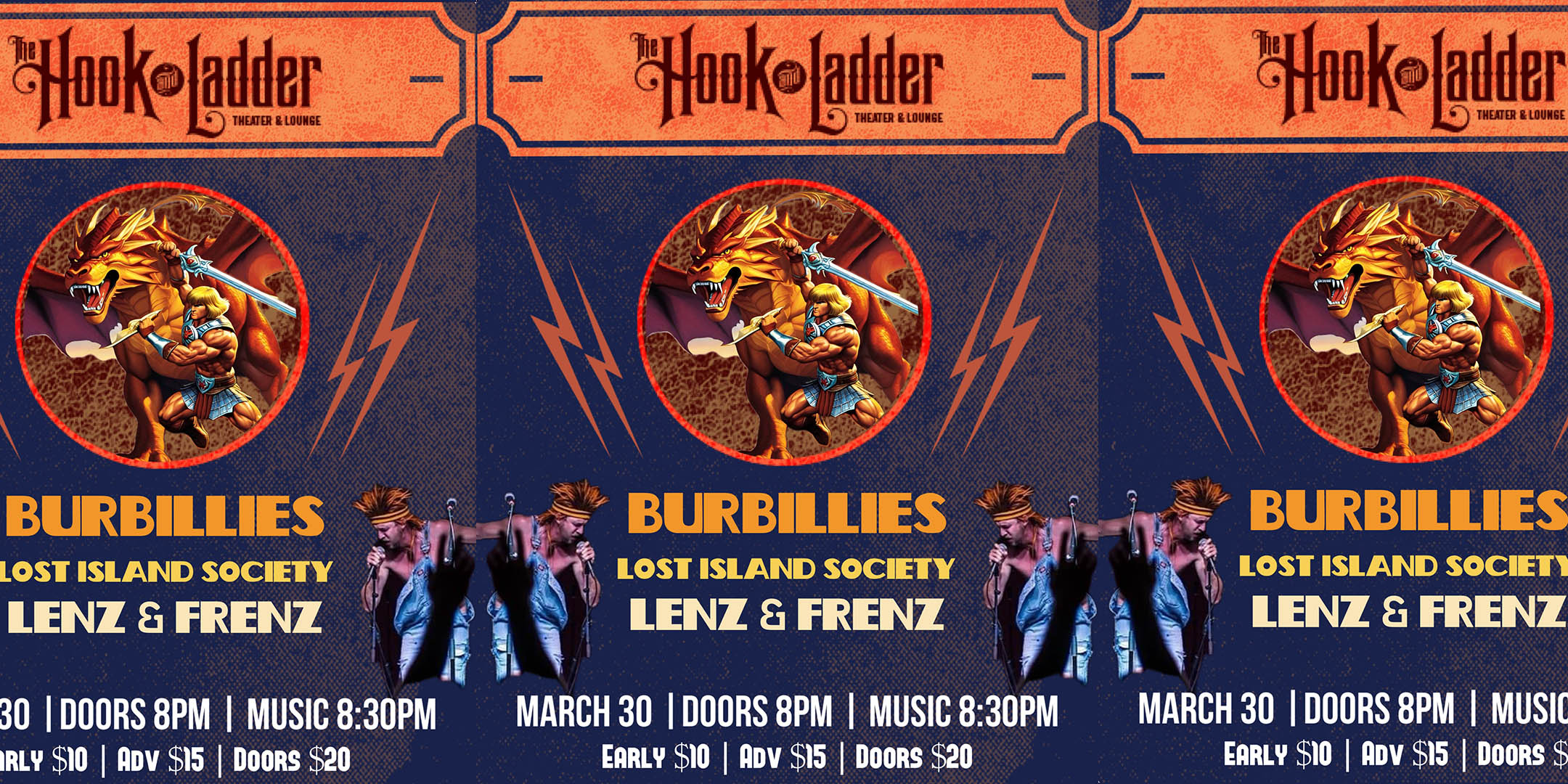 The Burbillies, Lost Island Society, Lenz & Frenz Saturday, March 30 The Hook and Ladder Theater Doors 8:00pm :: Music 8:30pm :: 21+ General Admission: $10 EARLY / $15 ADV / $20 DOS