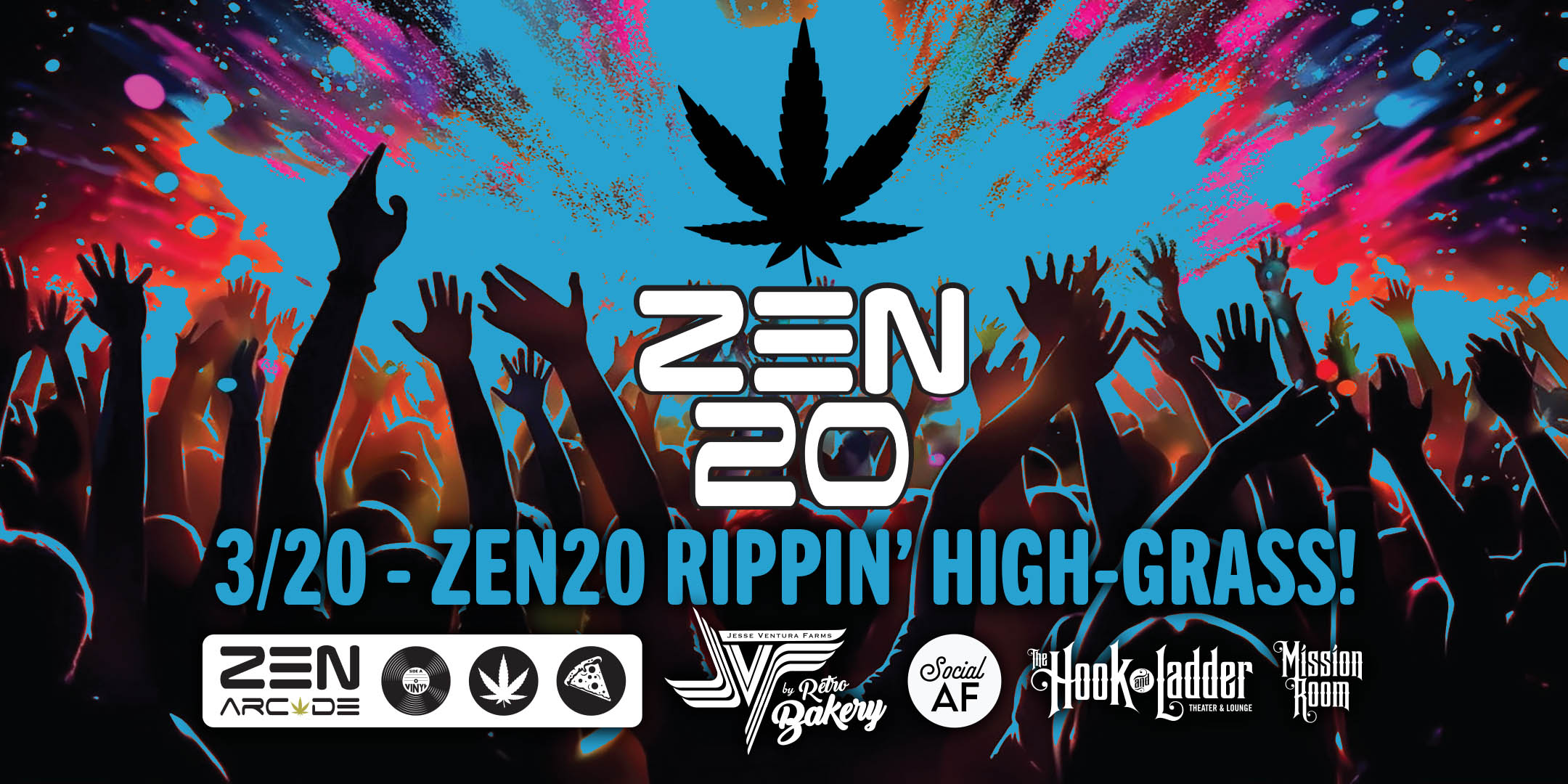 Wednesday, March 20th - Zen20 Rippin’ High-Grass! Wednesday evening acoustic bluegrass concert with The Lake Monsters and Social AF Stoner Bingo! Mission Room at the Hook / Zen Arcade Doors 4:20pm ::Music 6:30pm :: 21+ FREE