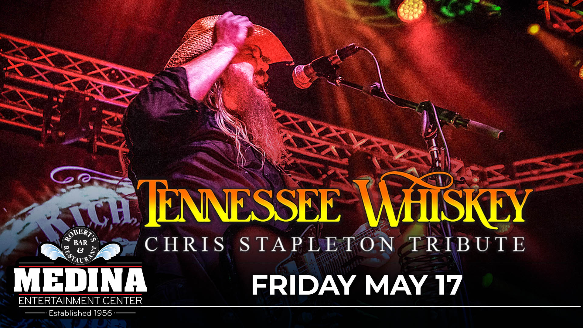 Tennessee Whiskey Chris Stapleton Tribute Medina Entertainment Center Friday, May 17, 2024 Doors: 7:00PM | Music: 8:00PM | 21+ Tickets on-sale Friday, March 22 at 11AM Gold Reserved $35 / Silver Reserved $30 / General Seating $23 plus applicable fees