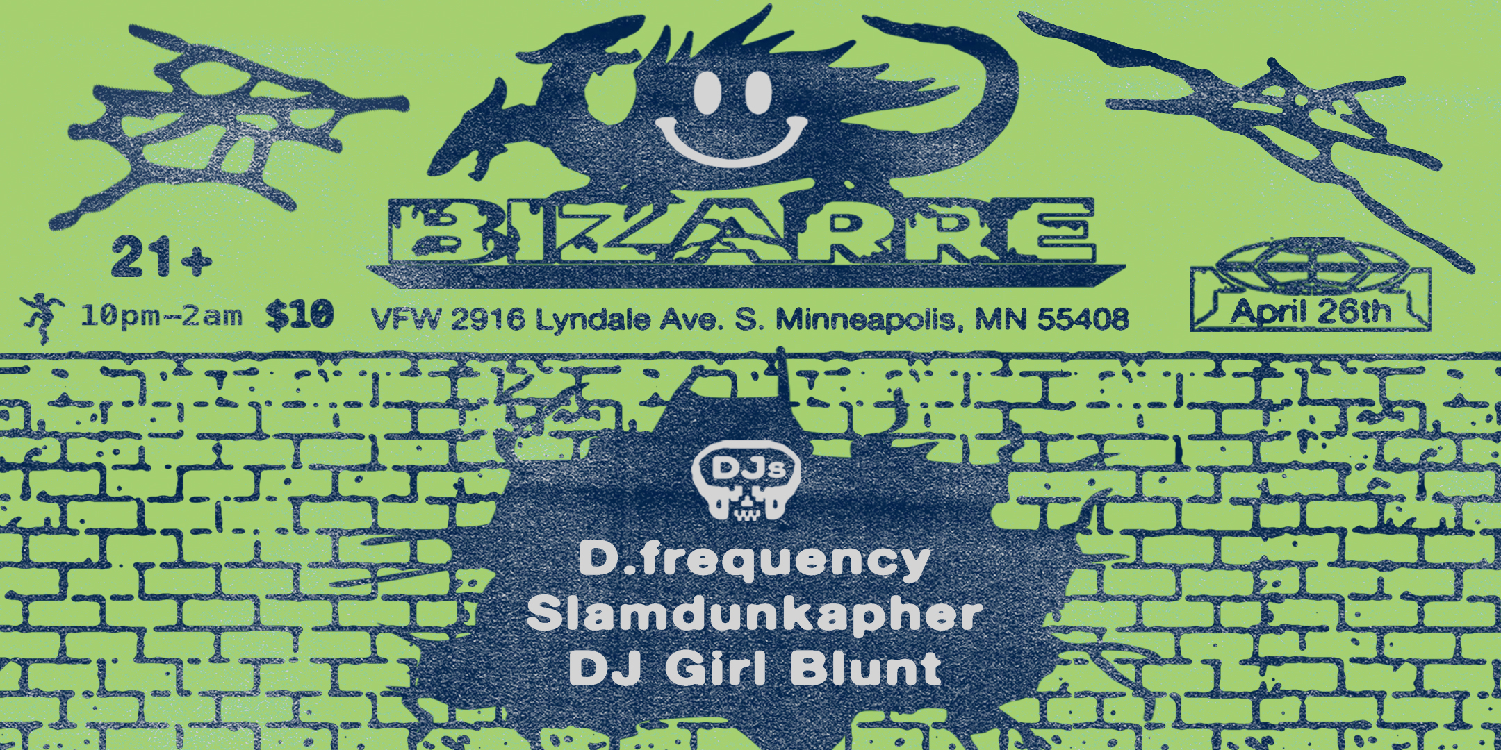 BIZARRE Dance Party DJs D.frequency Jim Frick DJ Girl Blunt Friday April 26 James Ballentine "Uptown" VFW Post 246 2916 Lyndale Ave S Mpls Doors 10pm :: Music 10pm :: 21+ GA: $5 ADV / $10 DOS