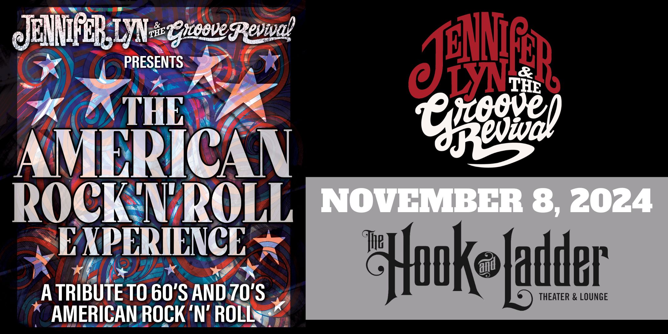 Jennifer Lyn and The Groove Revival presents “The American Rock and Roll Experience” A Tribute to Jimi Hendrix, Janis Joplin, The Eagles and beyond! Friday, November 8 Doors 7pm :: Music 8pm Reserved Seats: $34 (60) GA: $18 ADV / $24 DOS 2 Sets with 15 minute Break 8pm - 9pm 9:15 - 10:15pm + Encore