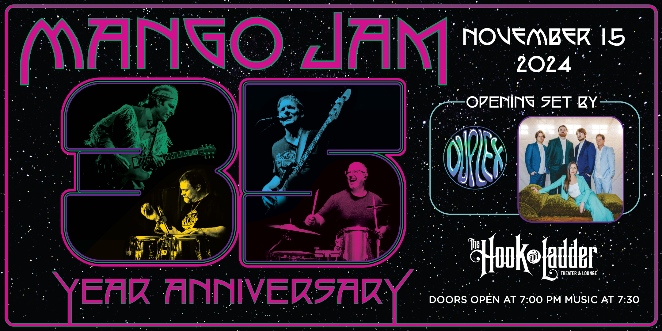 An Evening with MANGO JAM '35th Anniversary' with guest DUPLEX Friday, November 15 The Hook and Ladder Theater Doors 7:00pm :: Music 7:30pm :: 21+ General Admission: $15 ADV / $20 DOS