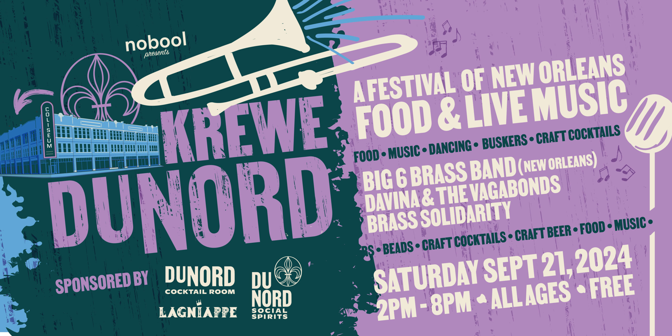 Saturday September 21 Krewe Du Nord: A Festival of New Orleans Food & Live Music Coliseum Building (Outdoor Lot) 2pm - 8pm :: All Ages :: FREE