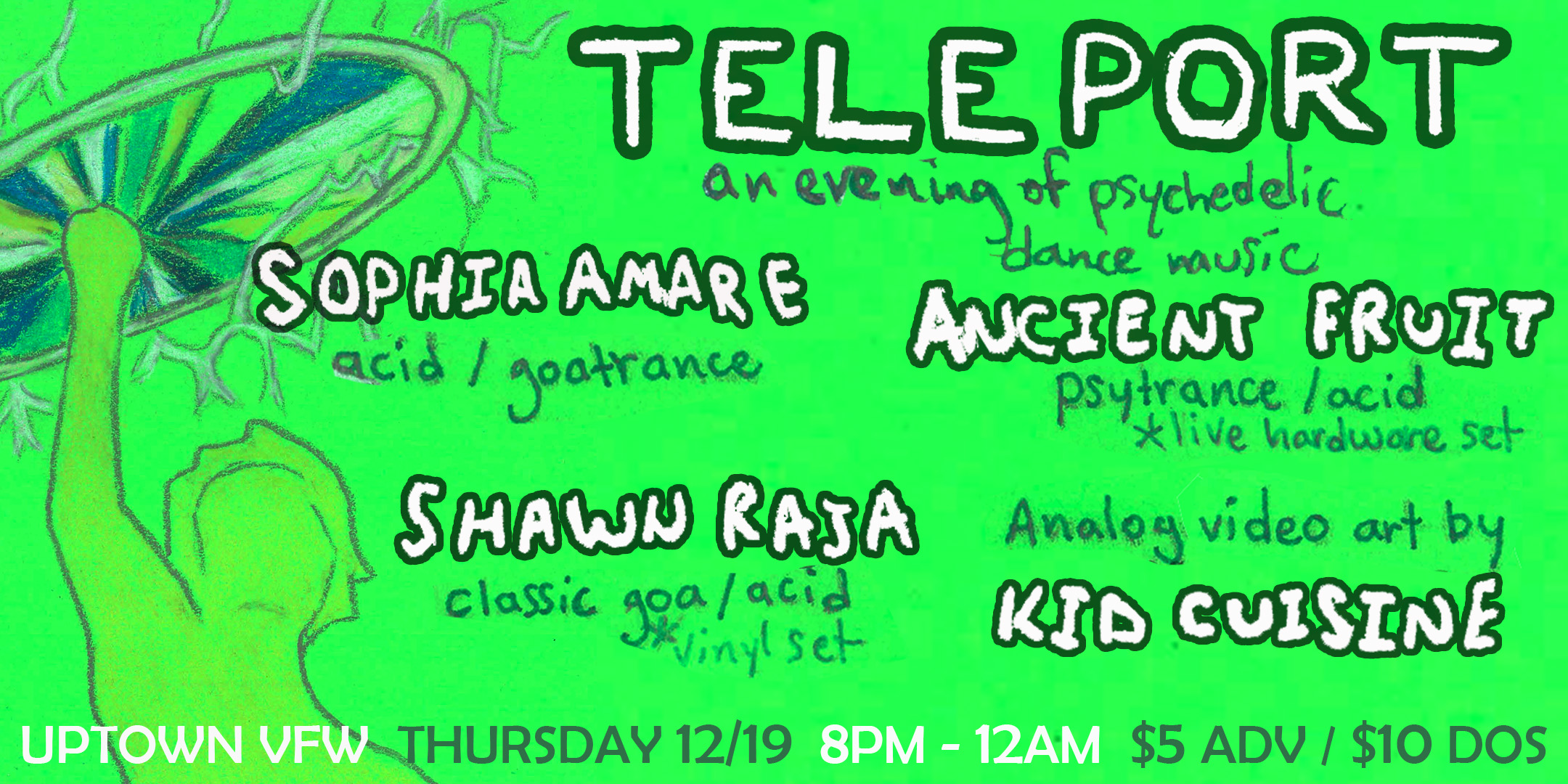 Teleport 001: Sophia Amare, Ancient Fruit, Shawn Raja Thursday December 19 James Ballentine "Uptown" VFW Post 246 2916 Lyndale Ave S Mpls Doors 8pm : : Music 8pm : : 21+ GA: $5 ADV / $10 DOS Tickets on Sale Now