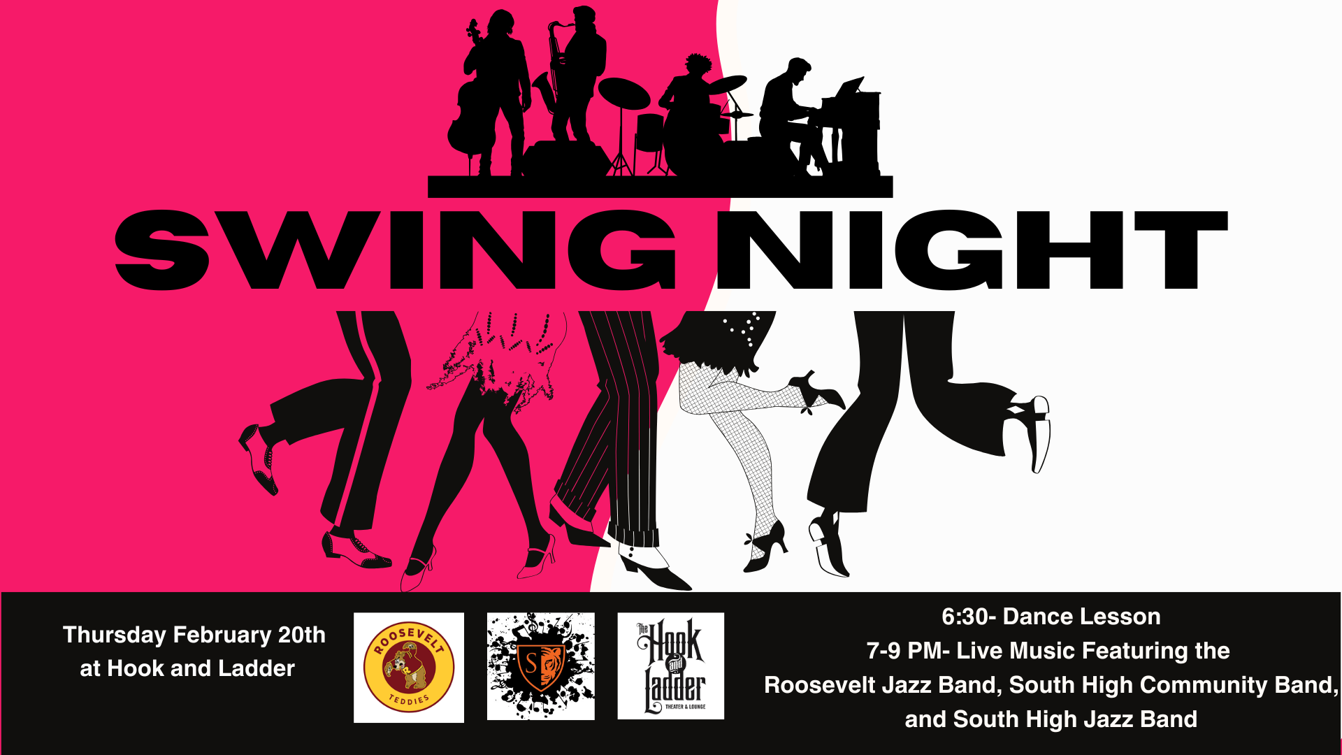 South High Swing and Jazz Night Swing Dance with live music by South High Jazz and Roosevelt Jazz Thursday, February 20 The Hook and Ladder Theater 6:30 Swing Dance Lessons Music 7:00pm - 9:00pm $12 ADV (Box-Office) / $13.86 ADV (Online) / $10 DOOR