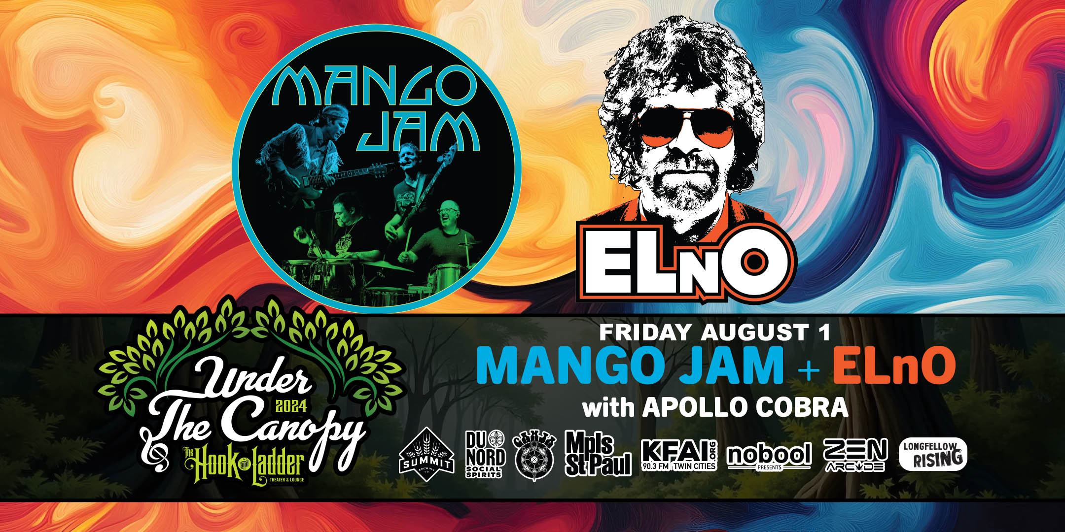Mango Jam & ELnO Plus after-party with Apollo Cobra (10pm in Theater) Friday August 1 Under The Canopy at The Hook and Ladder Theater "An Urban Outdoor Summer Concert Series" Doors 6:00pm :: Music 7:00pm :: 21+ RAIN or SHINE