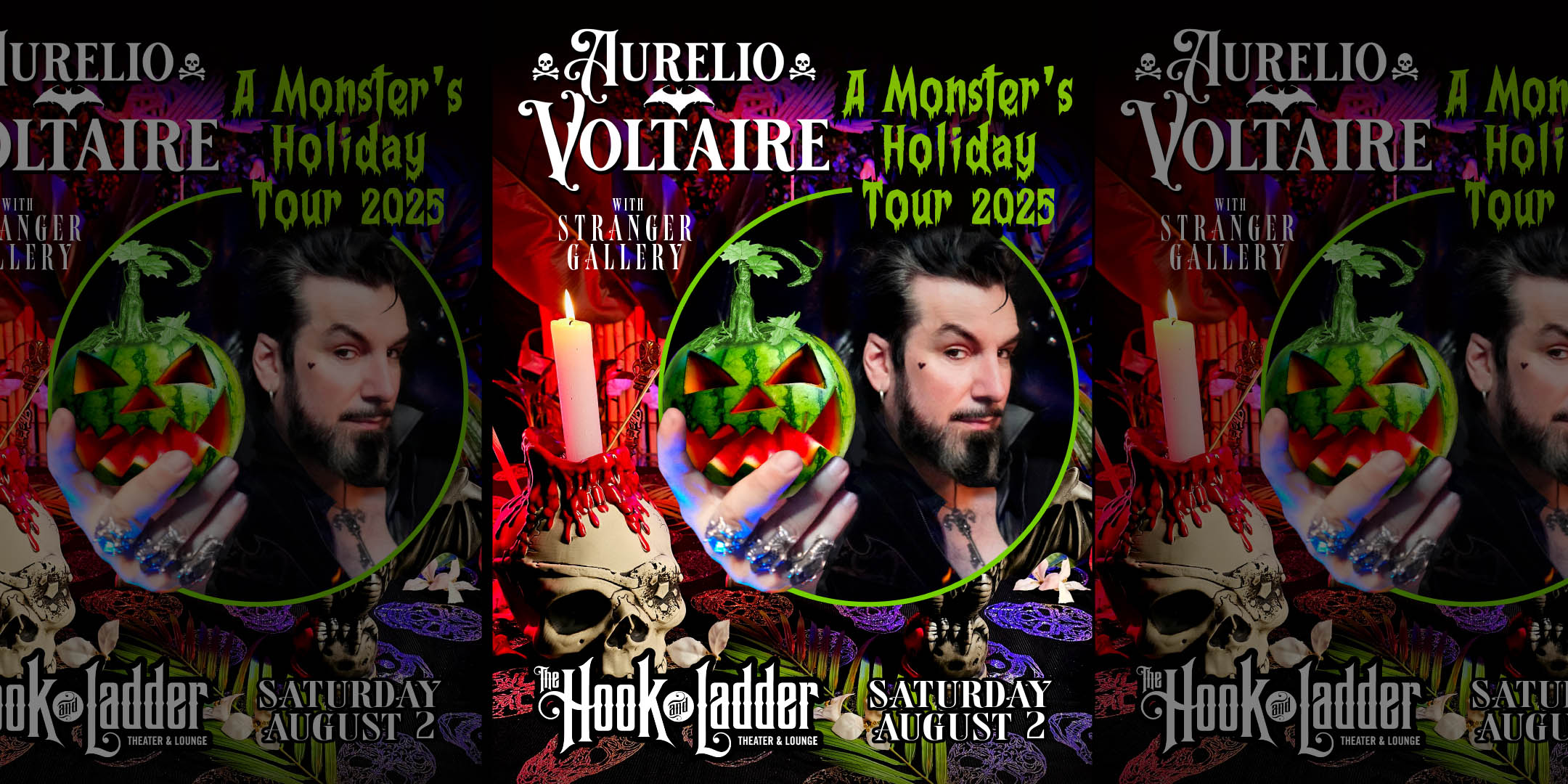 Aurelio Voltaire w/ Stranger Gallery Saturday August 2 The Hook and Ladder Theater Doors 7:00pm :: Music 8:00pm :: 21+ GA: $22 Box Office / $25.05 Online / $27 Door
