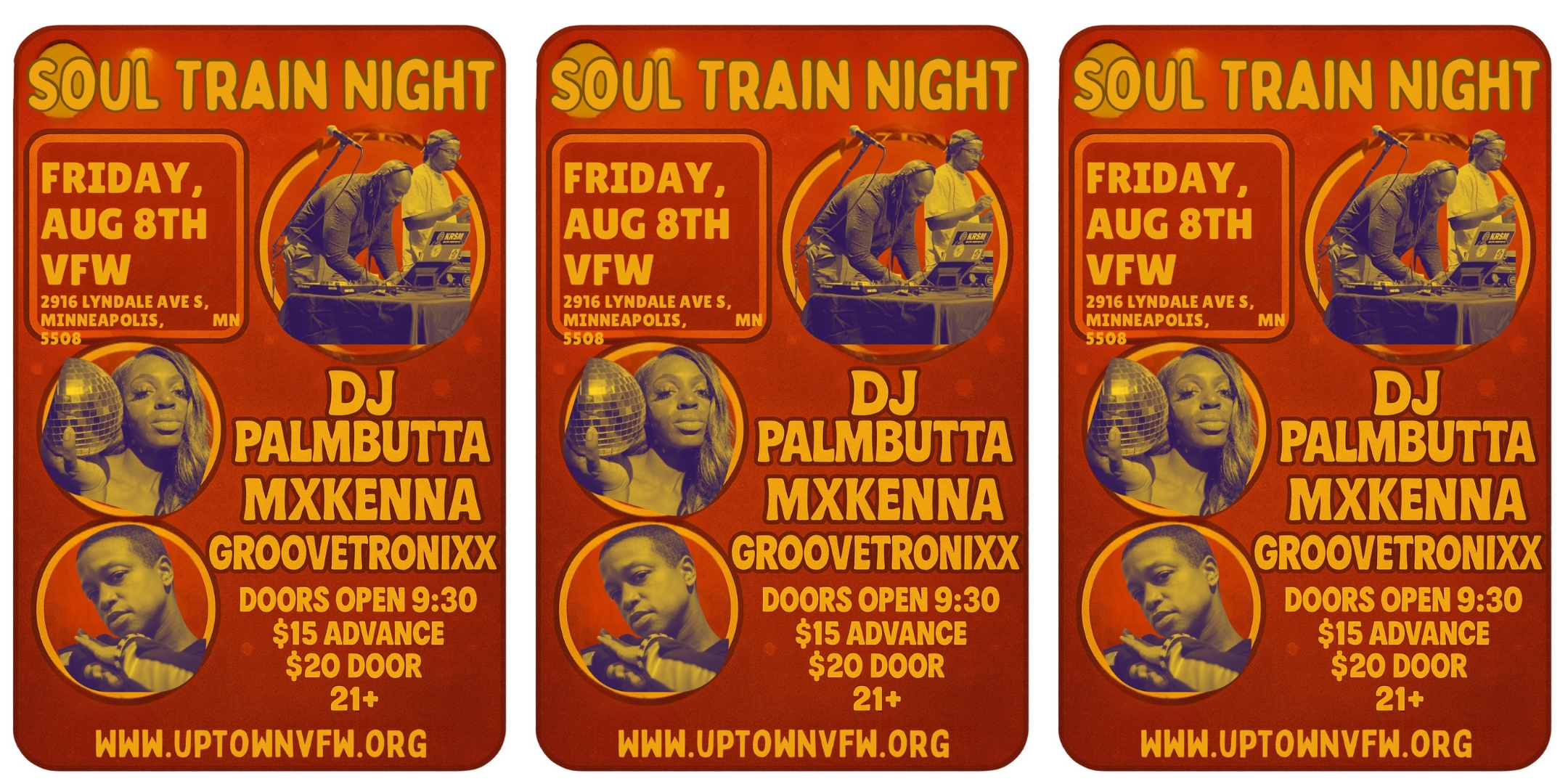 SoleEnt. Presents Soul Train Night: Disco/House Explosion Hosted by: Sole2dotz & Drunken Monkeee With DJ selectors: Dj Palmbutta, MxKenna, and Groovetronixx Friday, August 8 James Ballentine "Uptown" VFW Post 246 Doors 9:30pm :: Music 9:30pm :: 21+ GA: $15 Box-Office / $17.32 Online / $20 Door NO REFUNDS Tickets On-Sale Now