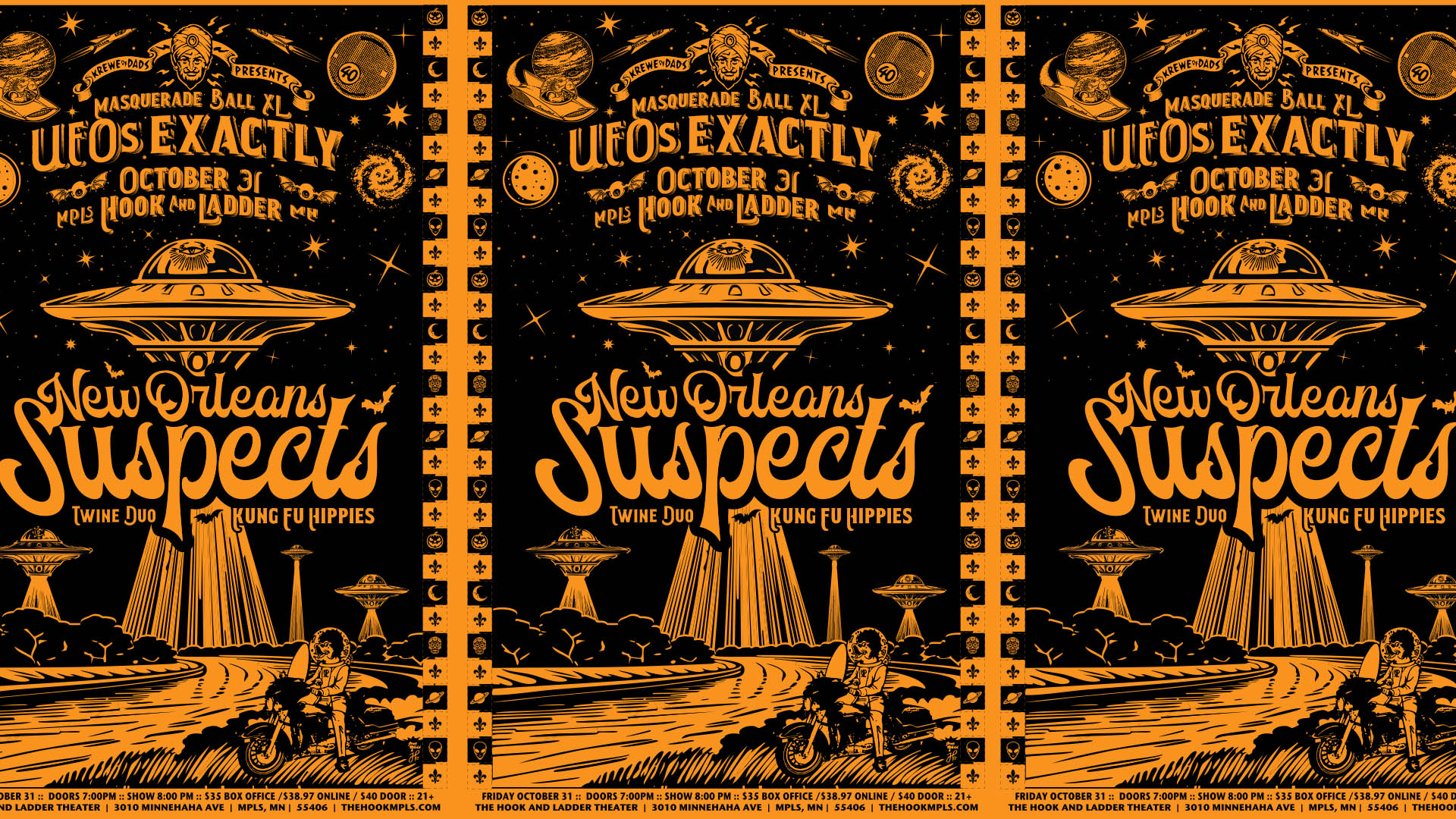 Krewe of Druids, Alchemists, & Dervishes (DADs) & Nobool presents Krewe of DADs Masquerade Ball XL 'UFOs EXACTLY' featuring NEW ORLEANS SUSPECTS with guest KUNG FU HIPPIES Friday, October 31 The Hook and Ladder Theater Doors 8pm :: Music 9pm :: 21+ :: Costumes Encouraged $35 Box-Office / $38.97 Online / $40 Door (If Available)