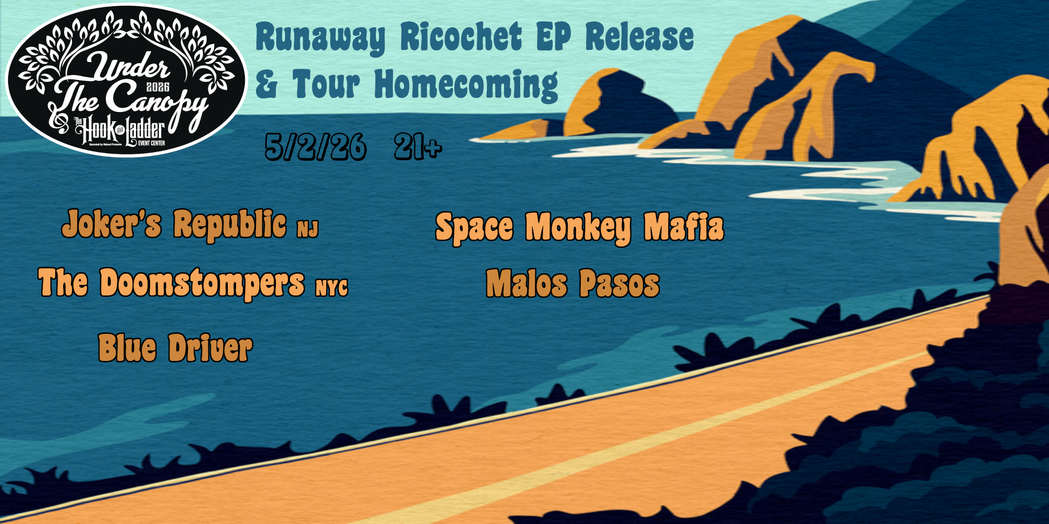 Saturday, May 2, 2026 The Hook and Ladder Event Center Under The Canopy Doors 6:00 PM :: Music: 6:30 PM – 10:00 PM 21+ $18 ADV (Box-Office) / $20 ADV (Online) / $25 DOOR