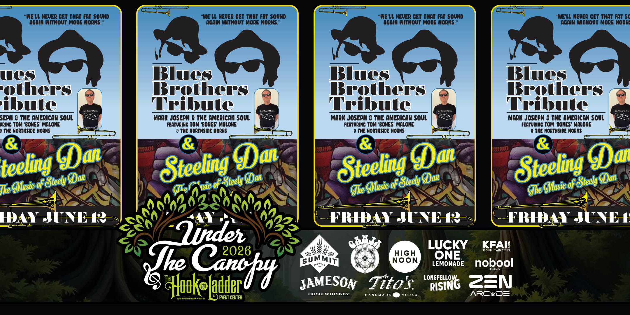 BLUES BROTHERS TRIBUTE ~ Mark Joseph & American Soul feat. Tom 'Bones' Malone and The Northside Horns STEALING DAN ~ The Music of Steely Dan ----- Friday, June 12 Under The Canopy @ The Hook and Ladder Event Center "An Urban Outdoor Summer Concert Series" Doors 6:00pm :: Music 7:00pm :: 21+ RAIN or SHINE ============================ RESERVED SEAT: $45 ADVANCE (Box-Office) / $50 ADVANCE (Online) / $55 DOOR GA: $35 ADVANCE (Box-Office) / $39 ADVANCE (Online) / $45 DOOR