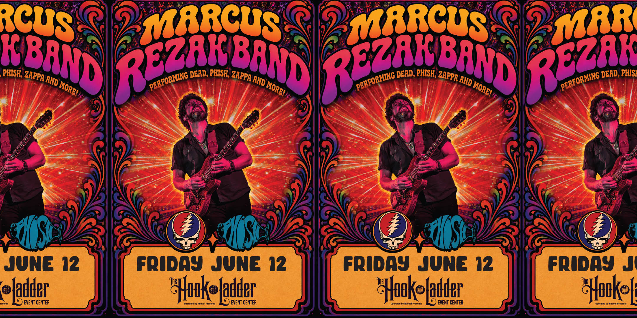 Marcus Rezak Band performing Dead, Phish, Zappa and more! Friday, June 12 The Hook and Ladder Event Center Theater Stage Doors 9:30PM :: Music 10PM :: 21+ $11 ADV (Box-Office) / $13 ADV (Online) / $15 DOOR (Price Includes Ticket Fee, Facility Fee, CC Processing Fee, & Sales Tax) BOX-OFFICE Tickets Are Available in The Zen Arcade During Hours of Operation. For More Information visit www.ZenArcadeTHC.com NO REFUNDS