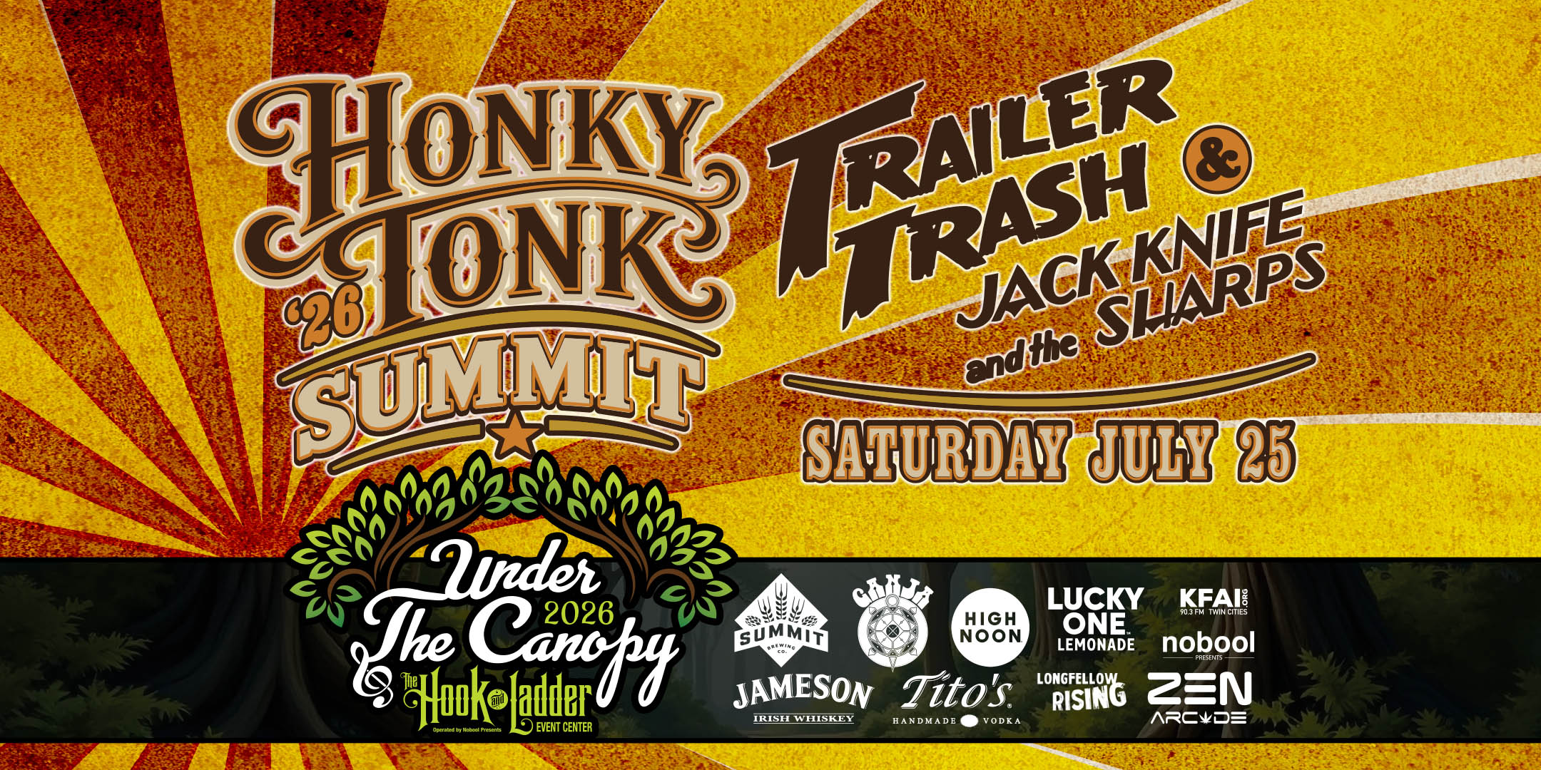 HONKY TONK SUMMIT '26 with Trailer Trash / Jack Knife and the Sharps Friday, July 17 Under The Canopy @ The Hook and Ladder Event Center "An Urban Outdoor Summer Concert Series" Doors 6:00pm :: Music 7:00pm :: 21+ RAIN or SHINE